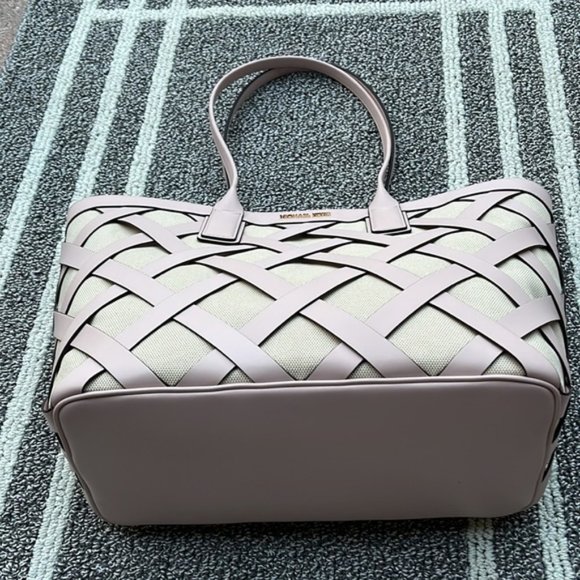 Michael Kors Sienna Large Tote Shoulder Bag Powder Blush Leather Canvas - Picture 1 of 16